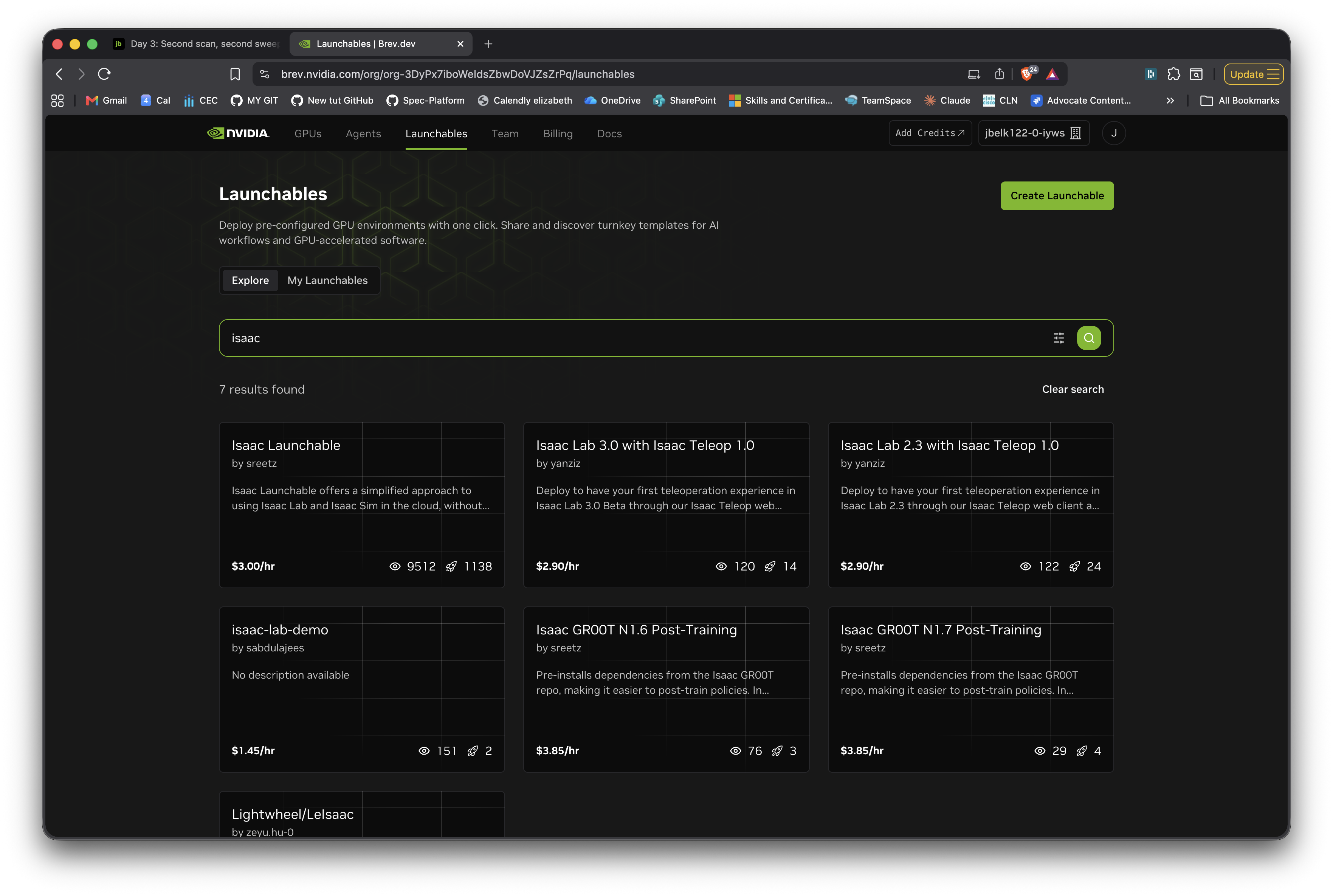 Brev's Launchables gallery, showing the Isaac Launchable by sreetz with over 1100 deploys.